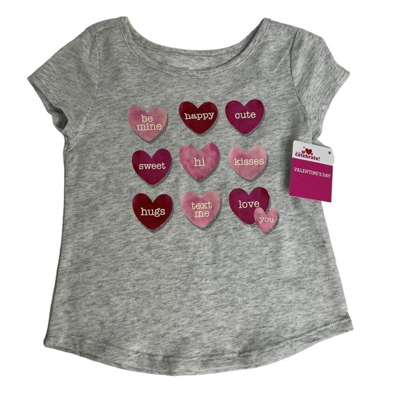 Way To Celebrate Valentine's Day T Shirt Sz 2T Conversation Hearts Grey Pink - Picture 1 of 14